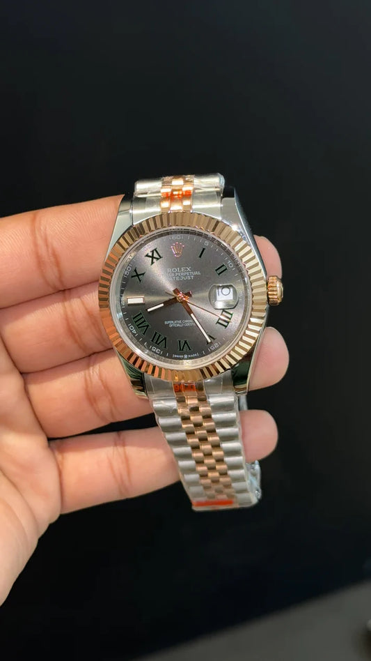 DateJust | Rose Two Tone | Green Roman Grey Dial