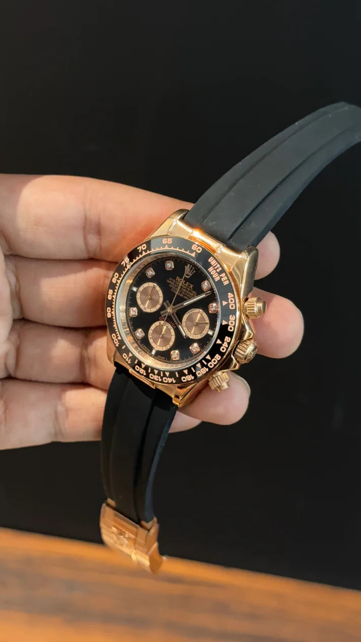 Daytona | Rose | Pvc Strap | Rose Chrono | Rose Diamond Black Dial