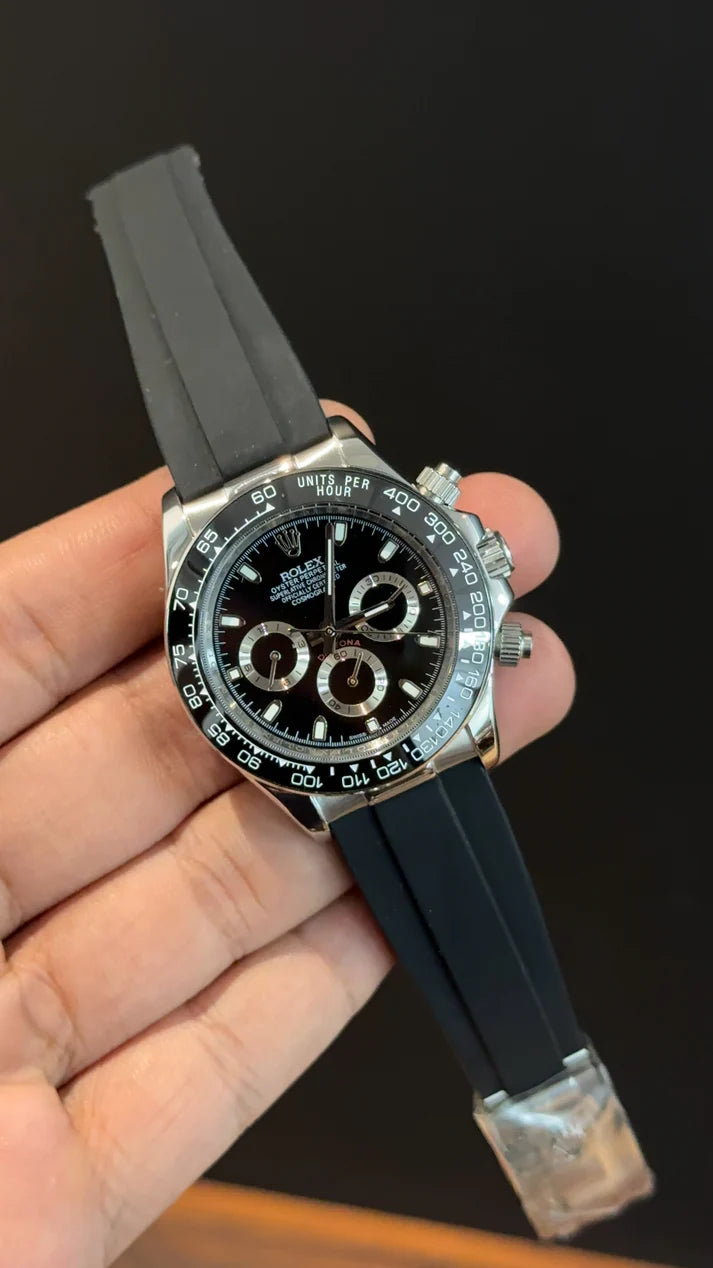 Daytona | Silver | Pvc Strap | Chr | Black Dial
