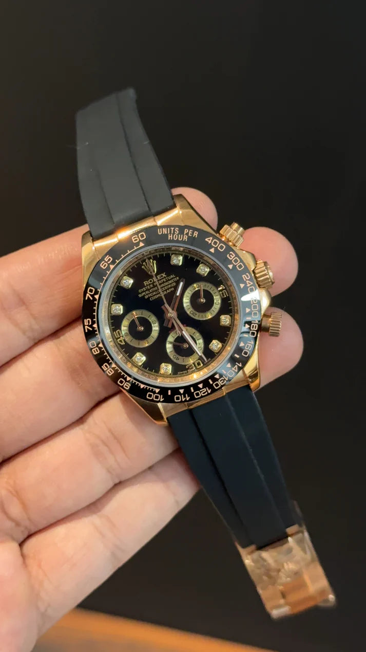 Daytona | Rose | Pvc Strap | Chr | Gold Diamond Black Dial