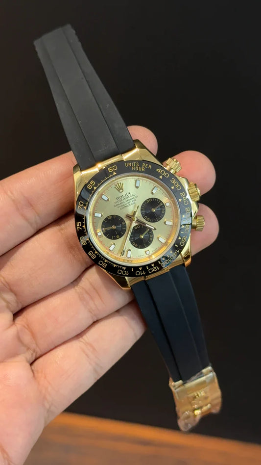 Daytona | Gold | Pvc Strap | Black Chrono | Gold Dial