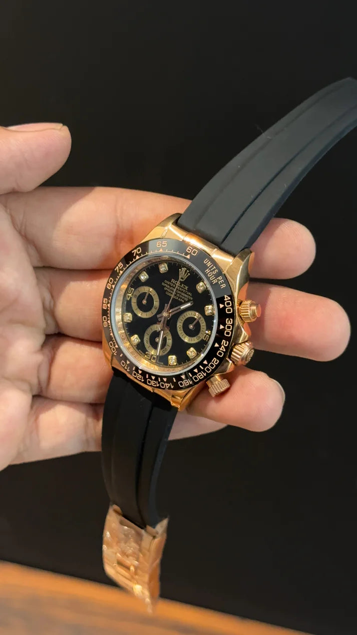 Daytona | Rose | Pvc Strap | Chr | Gold Diamond Black Dial