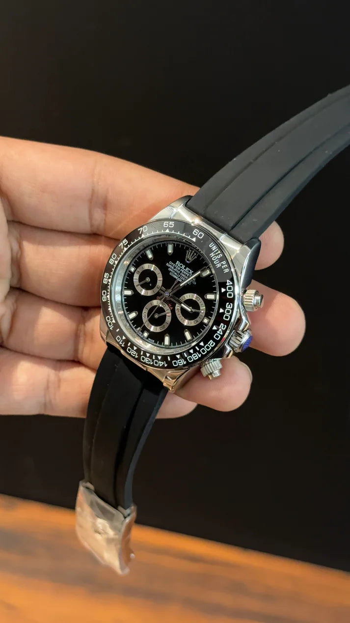 Daytona | Silver | Pvc Strap | Chr | Black Dial