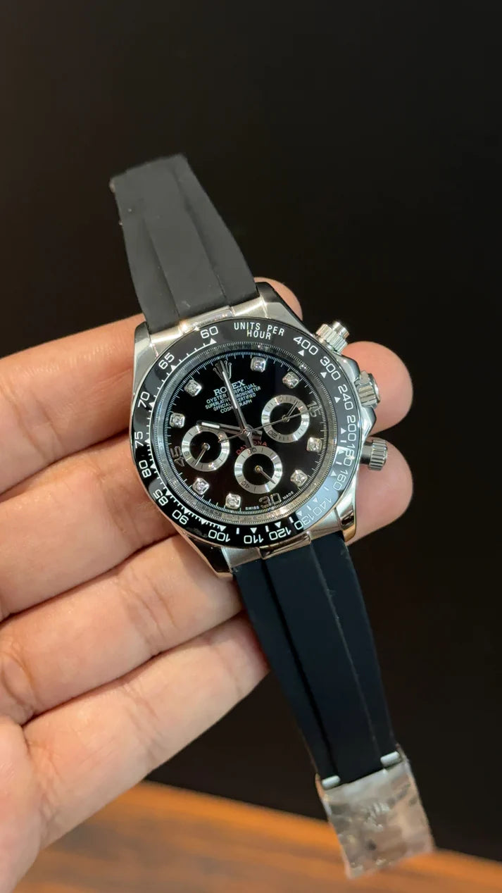 Daytona | Silver | Pvc Strap | Chr | Silver Diamond Black Dial