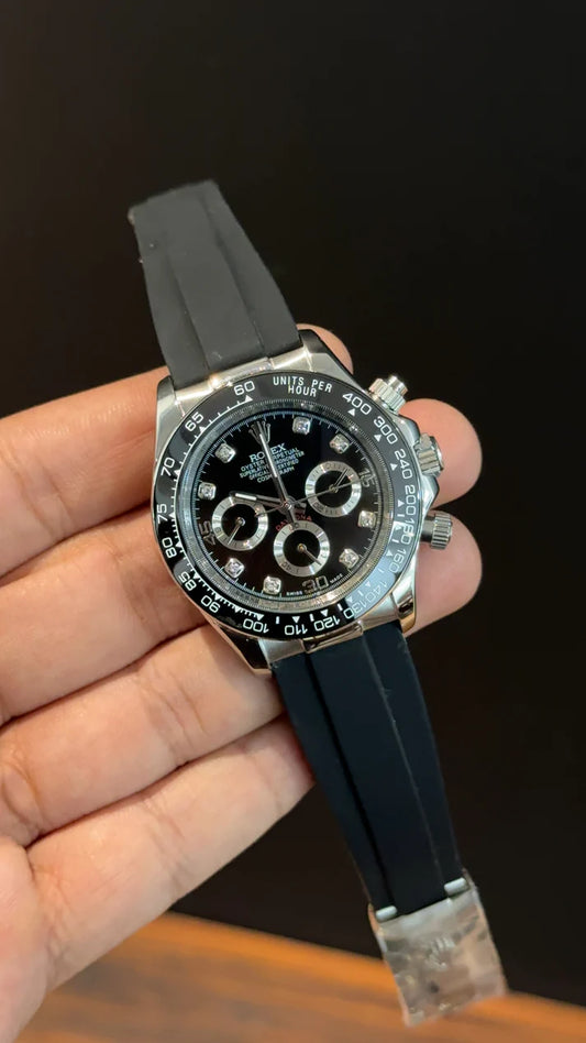 Daytona | Silver | Pvc Strap | Chr | Silver Diamond Black Dial