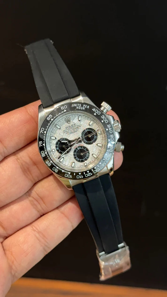 Daytona | Silver | Pvc Strap | Black Chrono | White Textured Dial