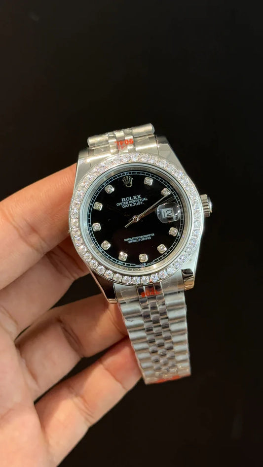 DateJust | Diamond Bezel | Silver Chain | Black Diamond Dial