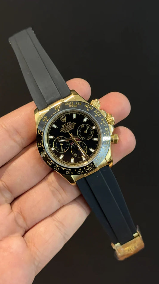 Daytona | Gold | Pvc Strap | Chrono | Black Dial