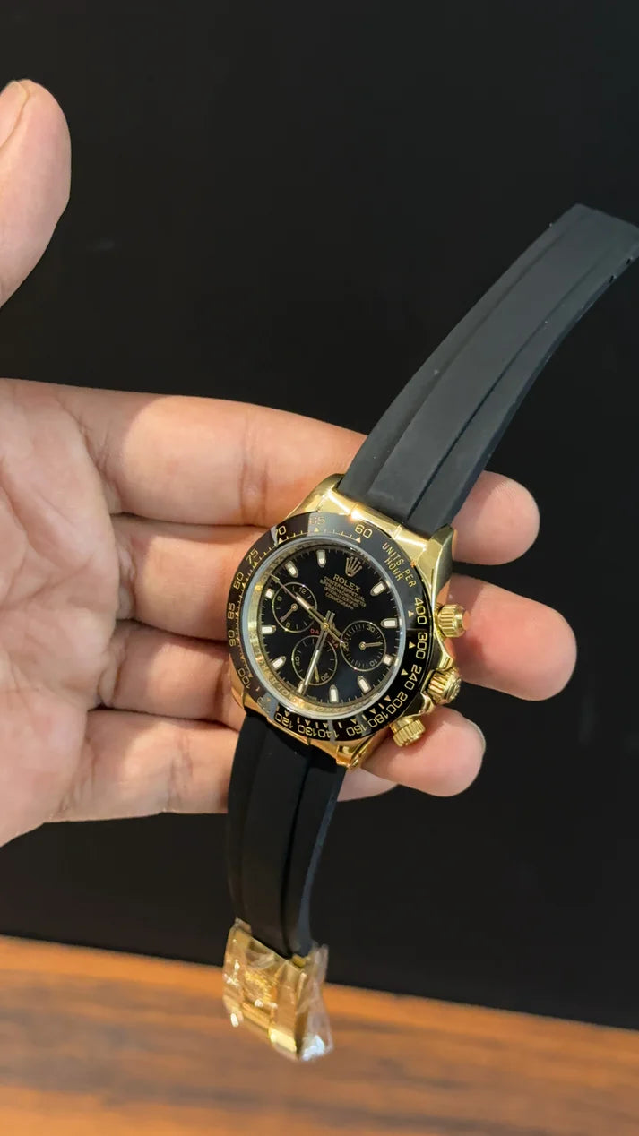 Daytona | Gold | Pvc Strap | Chrono | Black Dial