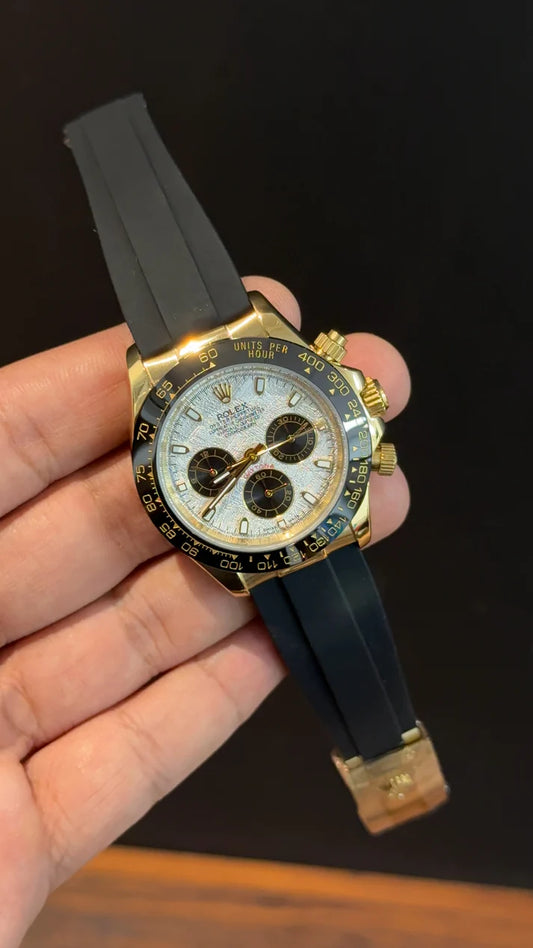 Daytona | Gold | Pvc Strap | Black Chrono | White Metriot Dial