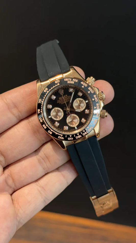 Daytona | Rose | Pvc Strap | Rose Chrono | Rose Diamond Black Dial