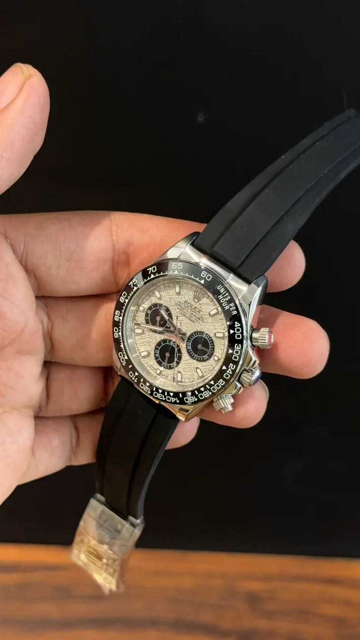 Daytona | Silver | Pvc Strap | Black Chrono | White Textured Dial