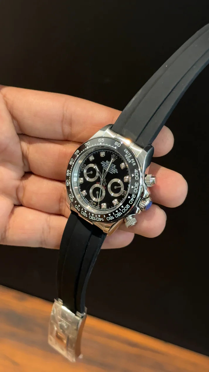 Daytona | Silver | Pvc Strap | Chr | Silver Diamond Black Dial