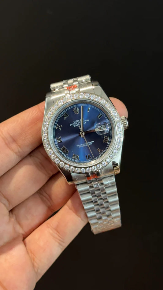 DateJust | Pearl Bezel | Silver Chain | Blue Roman Dial