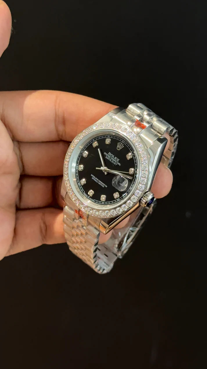 DateJust | Diamond Bezel | Silver Chain | Black Diamond Dial
